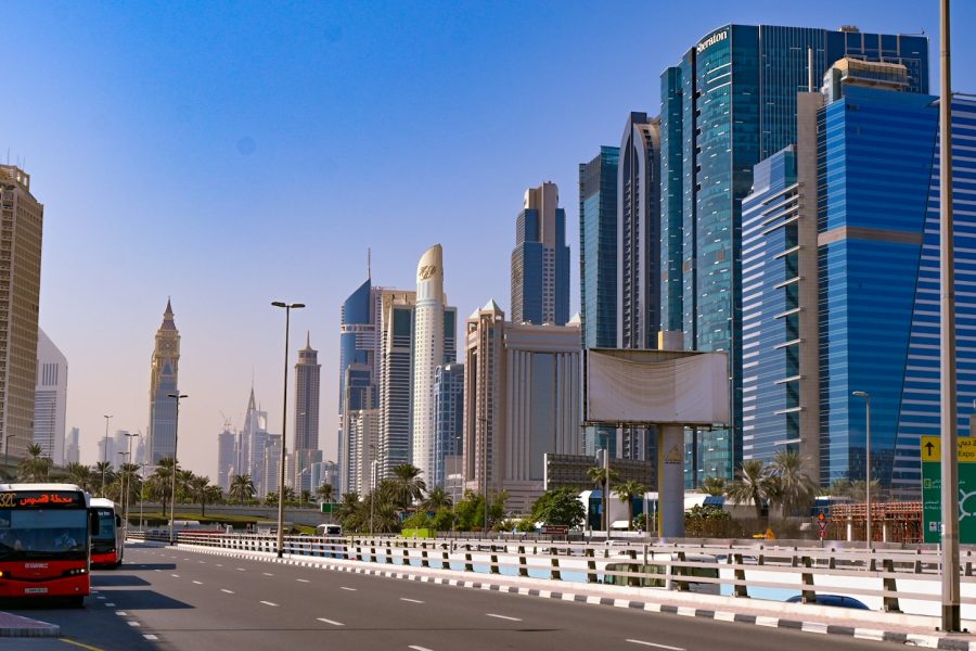 Office towers along Sheikh Zayed Road in mainland Dubai